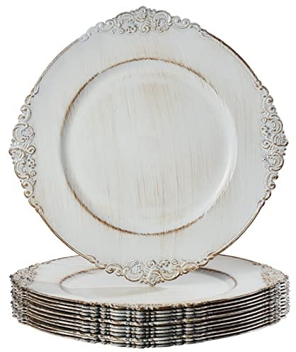 MAONAME Antique White Charger Plates, Round Plate Chargers for Dinner Plates, 13 Plastic Charger for Plates, Wedding Table Setting, Set of 12