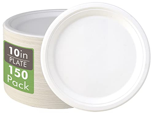 Vplus 150 Pack Compostable Disposable Paper Plates 10.25 inch Super Strong Paper Plates 100% Bagasse Natural Biodegradable Eco-Friendly Sugarcane(white)