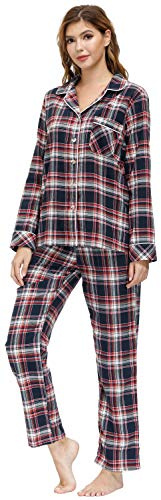 MoFiz Pyjama Femme Coton Ensemble de Pyjama Carreaux Vêtements de Nuit Boutonné à Manches Longues Pantalon avec Poches XXL