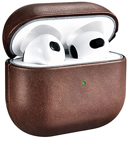 Ledertasche für AirPods 3 (Oktober 2021), ICARERSPACE Premium Echtleder stoßfest Schutzhülle für Apple AirPods 3 Kopfhörer Ladetasche (LED sichtbar) unterstützt kabelloses Ladegerät braun