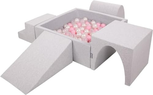 KiddyMoon Spielplatz Aus Schaumstoff Mit Quadrat Bällebad (300 Bälle) Ballgruben Für Babys Spielbad Hindernisläufen, Hergestellt In Der EU, Hellgrau:Puderrosa/Perle/Transparent