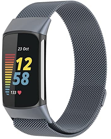 Strap-it Milanese Armband - kompatibel mit - Fitbit Charge 5 - Armband - Grau - fur Fitbit Charge 6