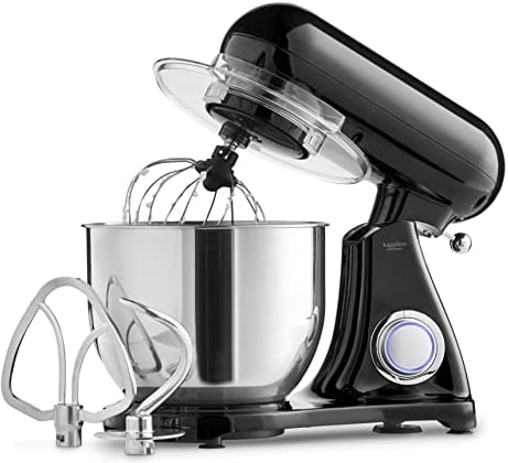 Kapplico Powerful 2200W Electric Food Stand Mixer with Large 7L Bowl, 3 Attachments included - Dough Hook, Whisk and Egg Beater, Splash Guard, 6 Speeds, Black