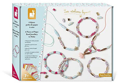 Janod - Bastel-Set für 6 Schmuckstücke aus Papierperlen – 2 Halsketten & 4 Armbänder – Les Ateliers Bijoux – Kreativ-Set für Kinder – Geschicklichkeit & Konzentration - Ab 7 Jahren, J07934