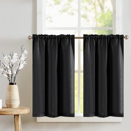 Vangao Küchen Vorhänge Scheibengardinen Waffelmuster Bistrogardine Cáfe Vorhang Einfarbig Lichtfilterung Fenstervorhang für Kurzfenster kleine Fenster Wohnzimmer BxH 90x115cm, Schwarz, 2er-Set