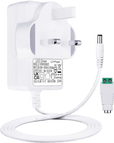 Alinana Constant Voltage 24V 1A Power Supply, AC 230v to 24v DC Transformer, 24W UK Plug Power Adapter with 5ft/1.5m Long Cable, 5.5 x 2.1mm Jack, for Led Strip Light, Humidmifier,UKCA Approved
