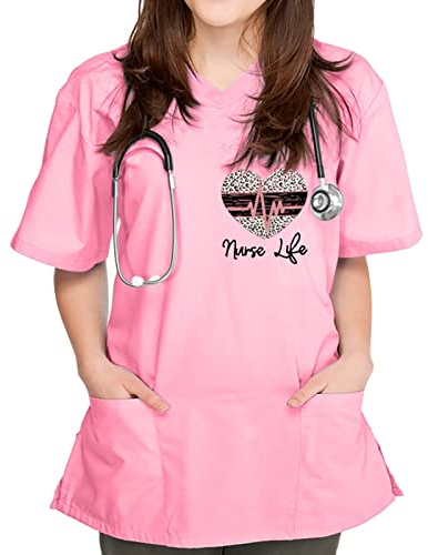 Sizoer Kasacks Damen Pflege Motiv Valentinstag Herz Gedruckt Schlupfkasack Pflege Große Größe Kurzarm V-Ausschnitt Krankenschwester Kostüm Mit Taschen Laborkittel Bunte Kasacks Rosa 5XL
