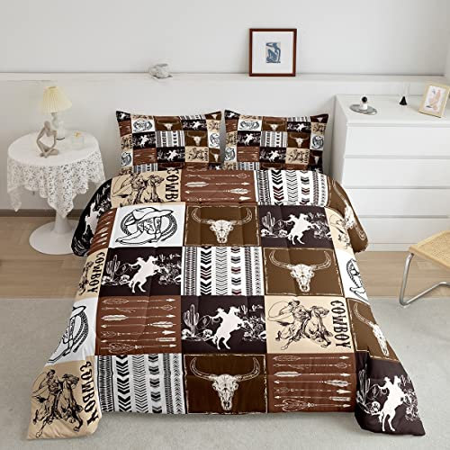 Manfei Western-Cowboy-Bettwäsche-Set für King-Size-Bett, Bullenschädel und Pferd, Pfeildruck, Steppdecken-Set mit 2 Kissenbezügen, geometrisches Gitter, braunes Karomuster, Bettwäsche-Set, 3-teilig,