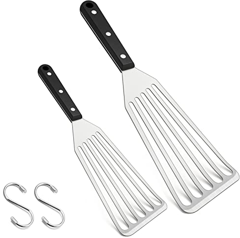 HaWare Fish Spatula, Stainless Steel Slotted Turner with Solid ABS Handle, Flexible Metal Slotted Spatula for Cooking/Flipping/Frying/Grilling, Include S Hooks, Dishwasher Safe (2 Pcs, 27cm & 31.5cm)