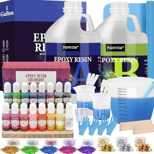 FUHITIM Kristallklares Epoxidharz-Set, hochglänzend und blasenfrei, Kunst- und Gießharz mit 16 Epoxidharz-Pigmenten, Folienflocken, Pailletten, klares Harz für Kunsthandwerk, Schmuck, Formen
