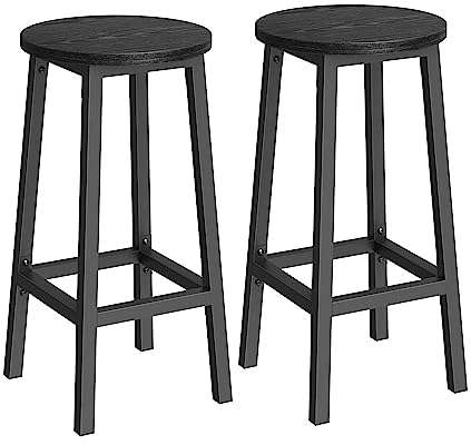 VASAGLE Barhocker, 2er Set, Barstühle, Küchenstühle mit Metallgestell, einfache Montage, 65 cm hoch, mit Fußstütze, für Küche, Wohnzimmer, Esszimmer, ebenholzschwarz-schwarz LBC032B56