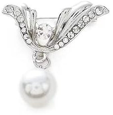 GIMIRO Elegante Kristall-Brosche mit Perlenanhänger, Silberfarbenes Vintage Design, Dekorative Anstecknadel für Blazer, Klassische Schmuckbrosche - Silver Wing