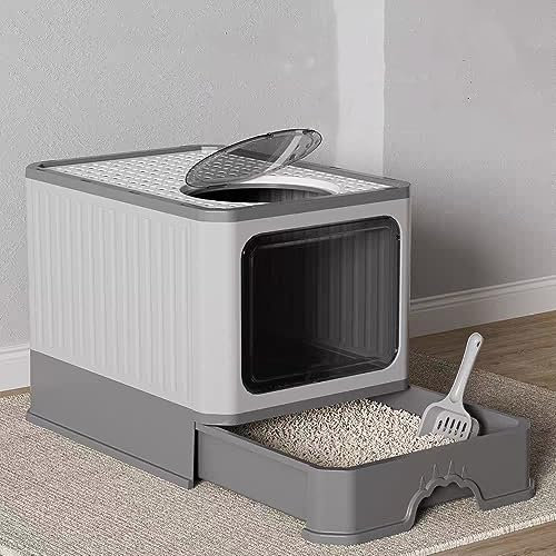 MINGYI Bac à Litière pour Chat Fermée, Grande Maison de Toilette Chat Pliable avec Couvercle, Tiroir à Litière avec Pelle, WC pour Chats, Jusqu'à 7 kg (Gris XL 51×35×38 cm)
