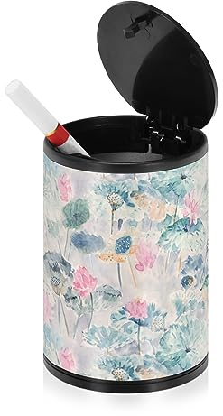Ceniceros rojos de flores de loto para cigarrillos con tapa, a prueba de olores, de acero inoxidable, portátil, sin humo, redondo, sin humo, bandeja para ceniza para taza de coche