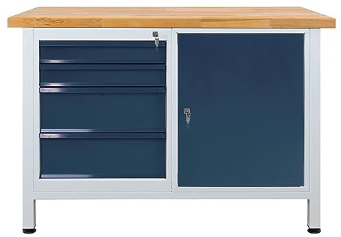 PROREGAL Werkbank Rhino mit 4 Schubladen + 1 Tür | HxBxT 84x120x60cm | Traglast 300kg | Lichtgrau/Anthrazitgrau | Werkstatttisch Werktisch Packtisch Arbeitstisch