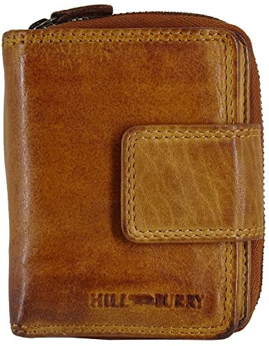 Hill Burry Damen-Geldbörse Klein | Mini Frauen-Portemonnaie aus echtem Leder | RFID Damengeldbörse | Geldbeutel viele Kredit-Karten-Fächer | Slim-Wallet mit Münzenfach (Tan Waschleder)