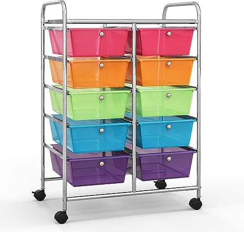 GIANTEX Rollwagen mit 10 Schubladen stapelbar, Schubladenwagen Badrollwagen Küchenwagen mit feststellbaren Rollen, Aufbewahrungswagen Haushaltswagen für Küche Bad Büro 65,5x37x87cm Transparent Bunt