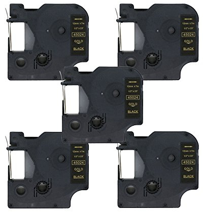 BROVACS Etikettenband, kompatibel mit DYMO D1 45024, 12 mm, OPA2224x5, Gold auf Schwarz, 5 Stück