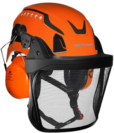 SOVOS S3200 Pro Forestry Chainsaw Helmet With Chin Strap (Orange), 28SNR Ear Defenders & HD Metal Mesh Visor