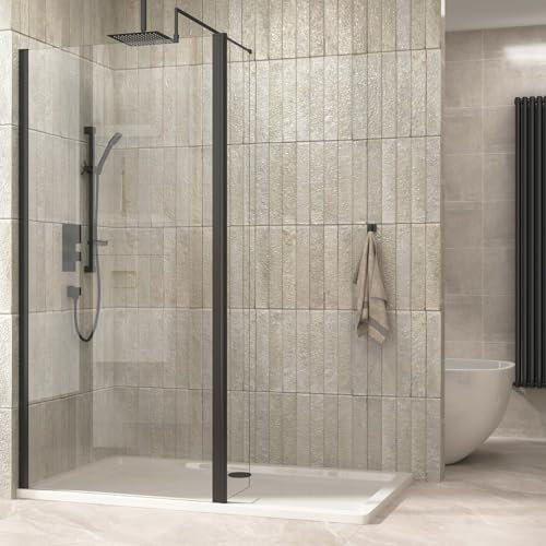 Matt Black 1000mm Wet Room Walk in Shower Screen With 300mm Flipper Panel + 8mm Clear Easy Clean Safety Tempered Glass Panel & Black Stainless Steel Support Bars Shower Enclosure Cubicle 1850mm Height