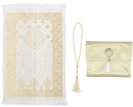 Hitopin Muslimischer Gebetsteppich mit Perlen, Muslimischer Gebetsteppich mit Eleganter Stoff-Tasche, Gebet Teppich Matte, Islamische Gebetsmatte, für Geschenke, Ramadan, Gebet (Hellgelb)