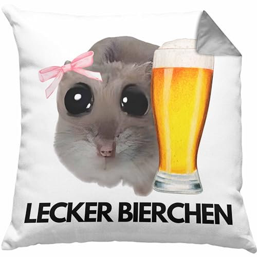 Trendation Sad Hamster Kissen mit Füllung 40x40 cm Lecker Bierchen Geschenkidee Dank Meme Trauriger Hamster Schleife (Grau)