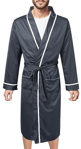 WAZHAKU Men's Lightweight Cotton Dressing Gown Long Sleeves Travel Bathrobe Kimono Sauna Gown Man Leisure Loungewear with Pockets and Belt House Coat Long Dressing Gown Bathrobe, darkblue, XXL