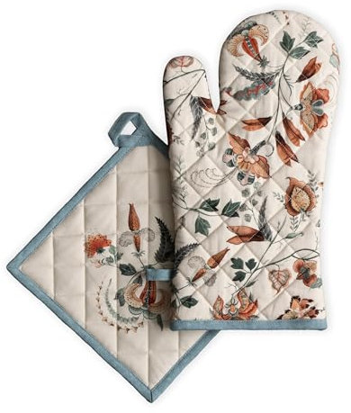 Maison d' Hermine Ofenhandschuh(19cm x 33cm) & Topflappen(20cm x 20cm) Set aus 100% Baumwolle, hitzebeständig zum Grillen, Ostern, Kochen, Backen, Grillen, Dalida – Frühling/Sommer