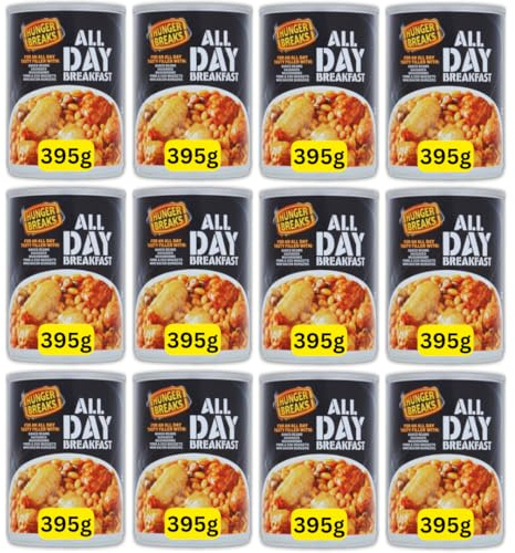 Hunger Breaks Ready Meals English Style - 12 Meals tinned with Sausages, beans, mushroom, bacon, nuggets, burgers and more (12x395g All Day Breakfast)