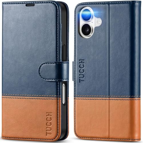 TUCCH Case for iPhone 16 (6.1) 2024 5G, PU Leather Wallet Magnetic Protective Flip Folio Stand Cover with [RFID Blocking]Card Holders[Kickstand][Shockproof TPU]Compatible with iPhone 16, Blue&Brown