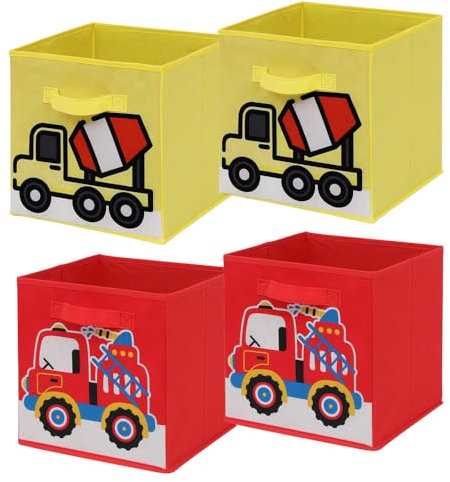 Rainbow Tree Cube Storage Box Kids Set of 4, Kids Playroom Bedroom Toy Box, Foldable Toy Storage Organiser, Baby Nursery Storage Bin, Toddler Toy Basket (2 Yellow+2 Red Trucks)