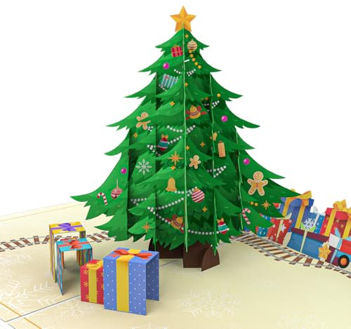 LIMAH® Pop-up Weihnachtskarte Weihnachtsbaum - 3D Karte zu Weihnachten mit Tannenbaum, Spielzug und Geschenken - lustige Geschenkidee, Geldgeschenk oder Gutschein für Kinder, Mann und Frau für