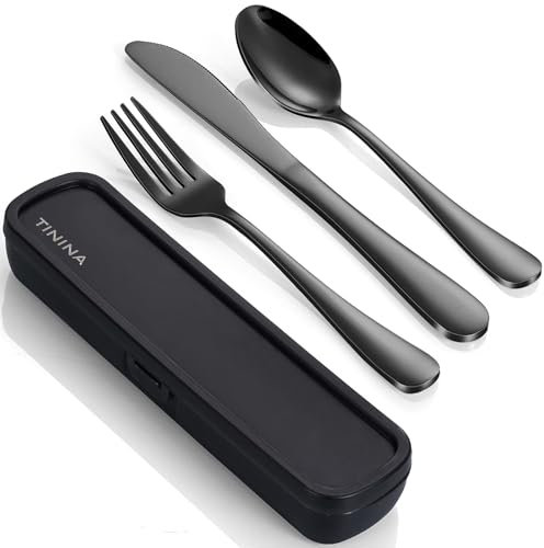 Couverts Lunch Box de Camping, Ensemble de Couverts Portatifs en Acier Inoxydable, étui Renforcé avec Boucle, Couvert de Voyage, Le Travail et l'école, Lavable au Lave-Vaisselle, Noir
