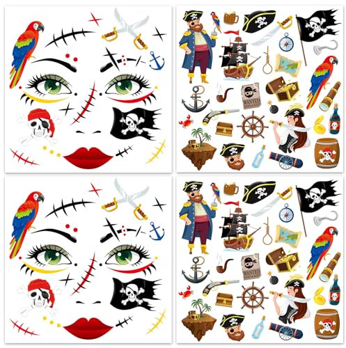 HOWAF 4 Bogen Gesichtstattoo Piraten Tattoo, Face Tattoo Piraten Temporäre Tattoos, Gesichtstattoo Karneval Gesichtstattoo Halloween für Piratenkostüm, Halloween Kostüm, Karneval Fasching Kostüm