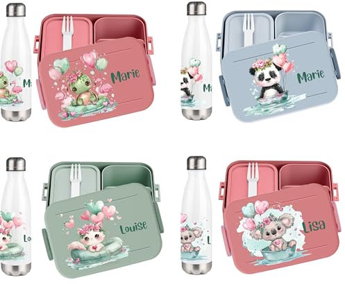 wolga-kreativ Pausenset personalisierte Brotdose rosa und Trinkflasche Thermo Kinder Edelstahl mit Schildkröte Motiv Bento Lunchbox mit Fächern und Unterteilung für Schule und Kindergarten