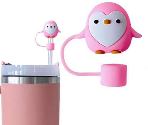 Lindos adornos de paja de pingüino para taza Stanley, tapa de silicona de 10 mm para accesorios de taza Stanley, bonita tapa de popote para vasos de 30 y 40 onzas (rosa)