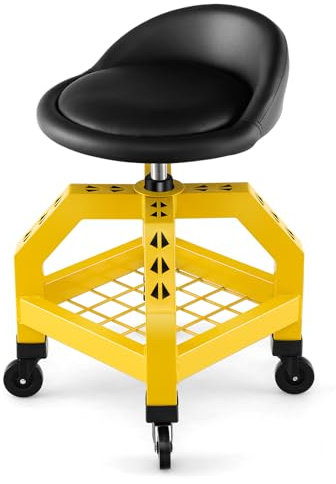GOPLUS Werkstatthocker auf Rollen, höhenverstellbarer & drehbarer Rollsitz mit Werkzeugablage & 150kg Tragkraft, robuster mobiler Reparatursitz für Garage, Fabrik, Werkstatt (Gelb)