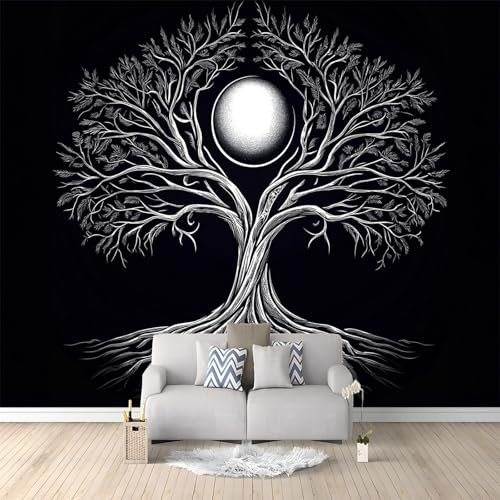 Papier Peint Panoramique Arbre De Vie Abstrait Noir 200x140 cm Papier Peint Intissé Mural, Poster Geant Mural 3D, pour Salon Chambre d'enfants restaurant Décoration Murale