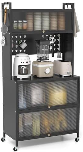 COSTWAY Kitchen Storage Cabinet, 5/6 Tier Bakers Rack Microwave Stand with Flip Door Cabinets, Pegboard, Hooks, Wheels & Adjustable Foot Pads, Freestanding Pantry Cupboard (5 Tier, 80x40x163cm, Black)