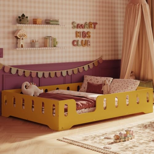 smartwood Bodenbett 140x200 cm mit Rausfallschutz, Holz, Gelb, TILA 2L | Montessori Kinderbett, Lattenrost belastbar bis 300 kg, FSC-Zertifikat, abgerundete Kanten, Einfache Montage, ab 3 Jahren