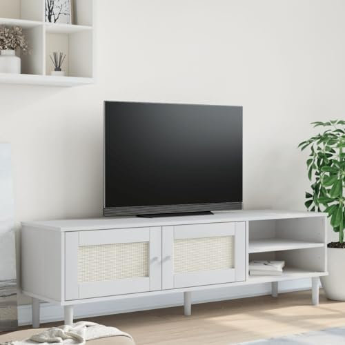 Meuble TV SENJA Aspect rotin Blanc 158x40x49cm Bois Massif pin,Meuble TV scandinave en Bois Massif Aspect rotin avec Grand Espace de Rangement Meubles TV, Banc TV