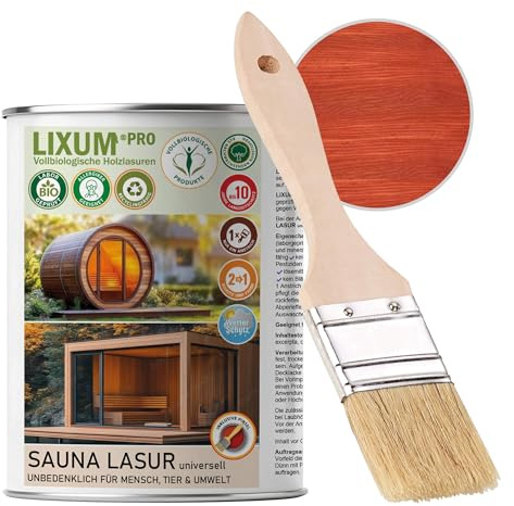 LIXUM PRO 100% biologische & natürliche BIO Sauna & Fasssauna Holzlasur - Holzschutz & Holzpflege, Farbe: Rot 0.21, Inhalt:1000 ml (ca.30m²)