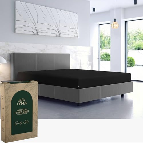 LYMA Bedding Fitted Sheet Double, Deep Pocket 35CM, OEKO-TEX Certified, Ultra Soft Nanoplush Double Brushed Quick Dry, Shrink Wrinkle & Fade Resistant, Easy Care Elastic Bottom Sheet (Black)