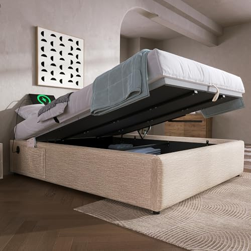 Bett 160x200 cm mit USB Type-C-Ladefunktion, Polsterbett mit Hydraulischer Stauraum und Vollflächiger Lattenrost, Ohne Kopfteil, Hydraulisch Doppelbett Stauraumbett, Leinen, ohne Matratze, Natürlich