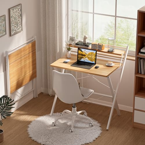 Ztexkee Folding Desk with Monitor Stand, 80 cm Foldable Computer Desk, Small Study Desk Easy Assembly for Small Spaces and Home Office Brown