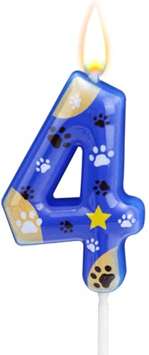 SAVITA Birthday Number Candle, Blue Cartoon Paw Star Cake Topper Cute Numeral Candle Cartoon Theme Party Decoration for Girls Boys Birthday Wedding Celebration (Number 4)