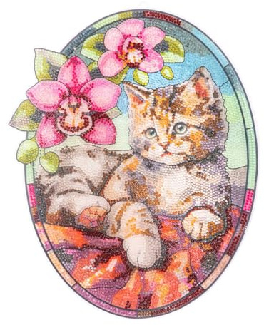 Ideen mit Herz Diamond-Painting-Fensterbild | Glaskunst-Optik | Dekoration & DIY | Material: PET (Katze mit Orchideen)