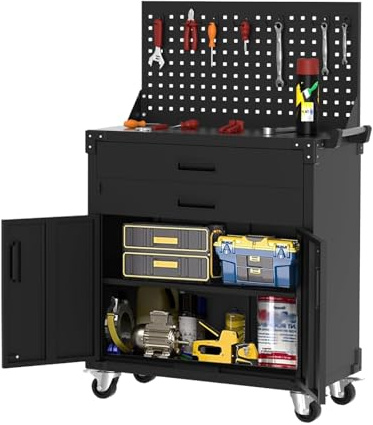 Aptliton Rolling Tool Cabinet, Heavy Duty Steel Garage Storage Cabinet with 2 Drawers, Pegboard & 4 Wheels, Lockable Tool Cart Workbench for Workshop, Warehouse