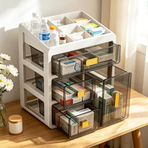 Armadietto Porta Medicine 4 Cassetti Trasparenti, Organizer Medicinali in Plastica, Scatola Porta Medicine per Casa, Contenitore per Farmaci E Piccoli Cosmetici, Grande Capacità, Bianco Utile