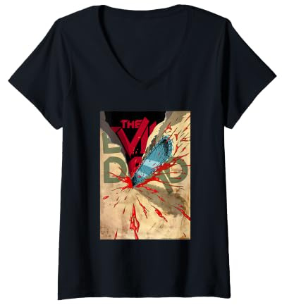 Damen Evil Dead Horror Ash Williams Blutige Kettensäge Halloween T-Shirt mit V-Ausschnitt